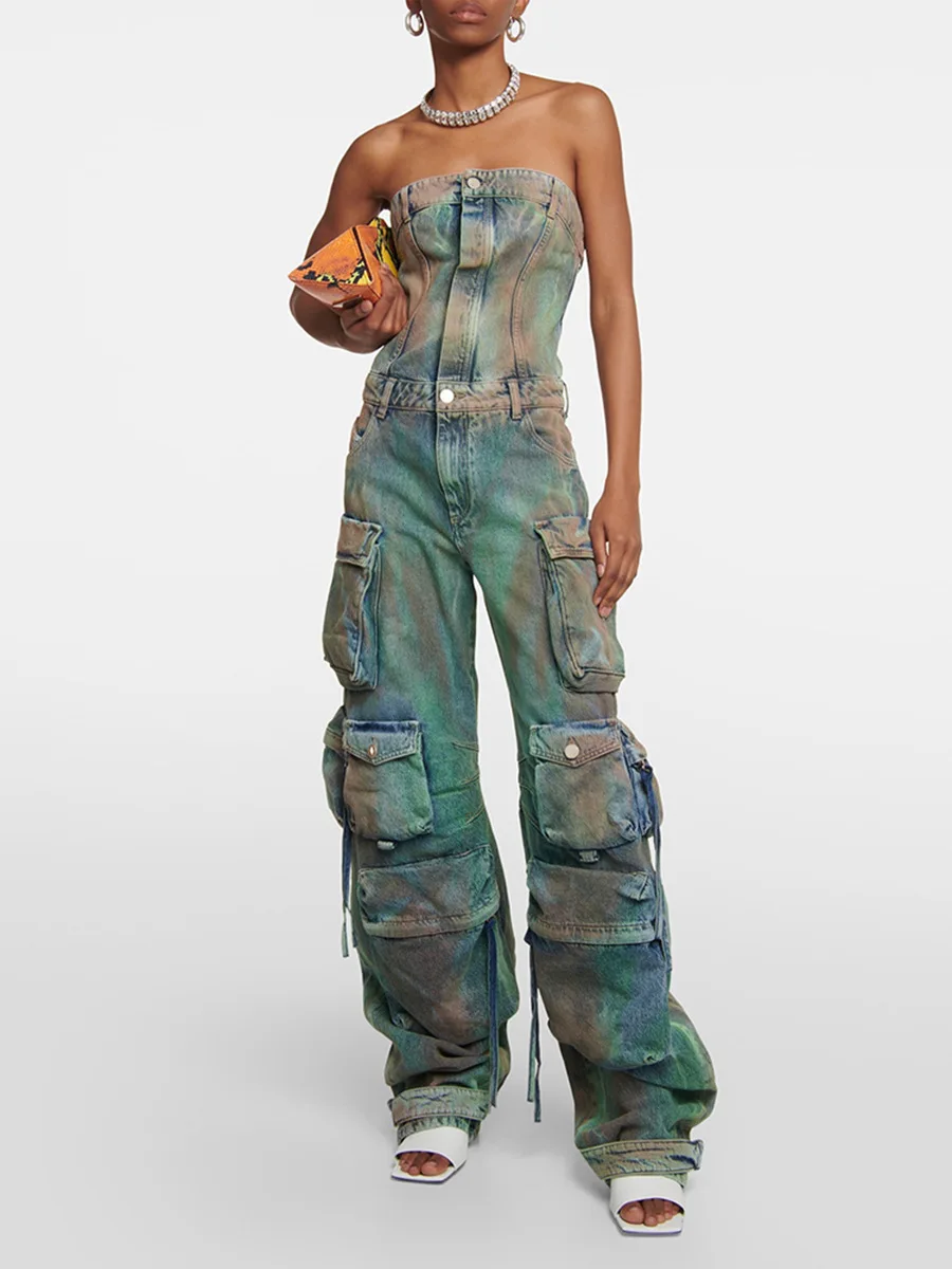 

Punk Rock Style Denim Jumpsuit Women New Colorful Strapless Slim Fit Old Washed Vintage Street Wide Leg Pants