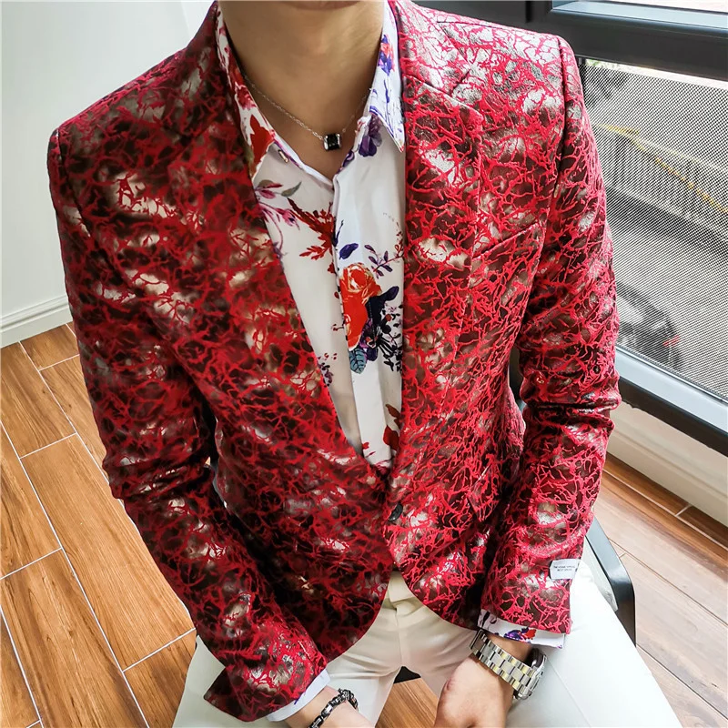 Blazer Fashion Men Red Printing Blazer Jacket Streetwear Slim Fit Blazer Men Night Club Prom Tuxedo Formal Wear Smoking Tuxedo men blazer