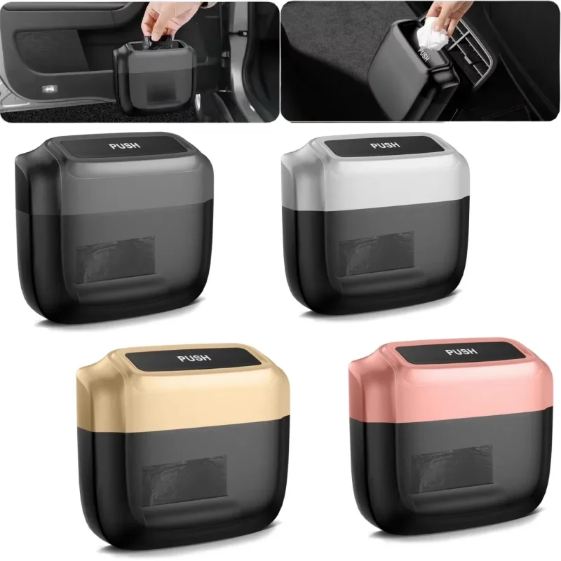Car Trash Bin Hanging Vehicle Garbage Dust Case Storage Box Plastic Pressing Square Trash Can With Lid Auto Interior Supplies