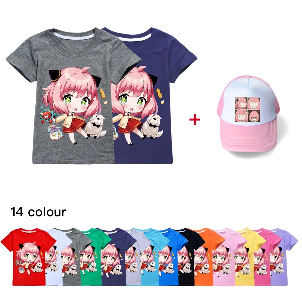 

New Summer Spy x Family T Shirt Children Kawaii Cartoon 3D T-shirt For Boys Girls Kids Clothing Unisex Short Sleeves+sun hat