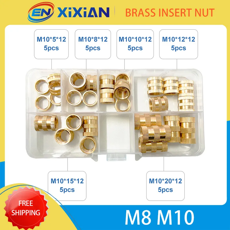 

30PCS/set M8 M10 Brass Insert Nut Assortment Kit Threaded Knurled Molding Injection Embedded Copper Nut for Plastic 3D Printing