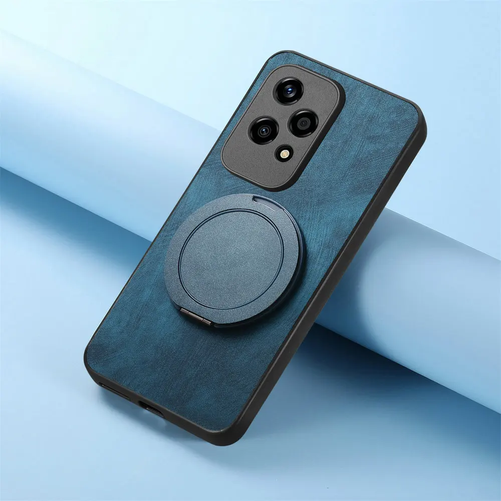 Leather Back Panel Phone Case with Magnetic Ring Holder, Enhanced Protection