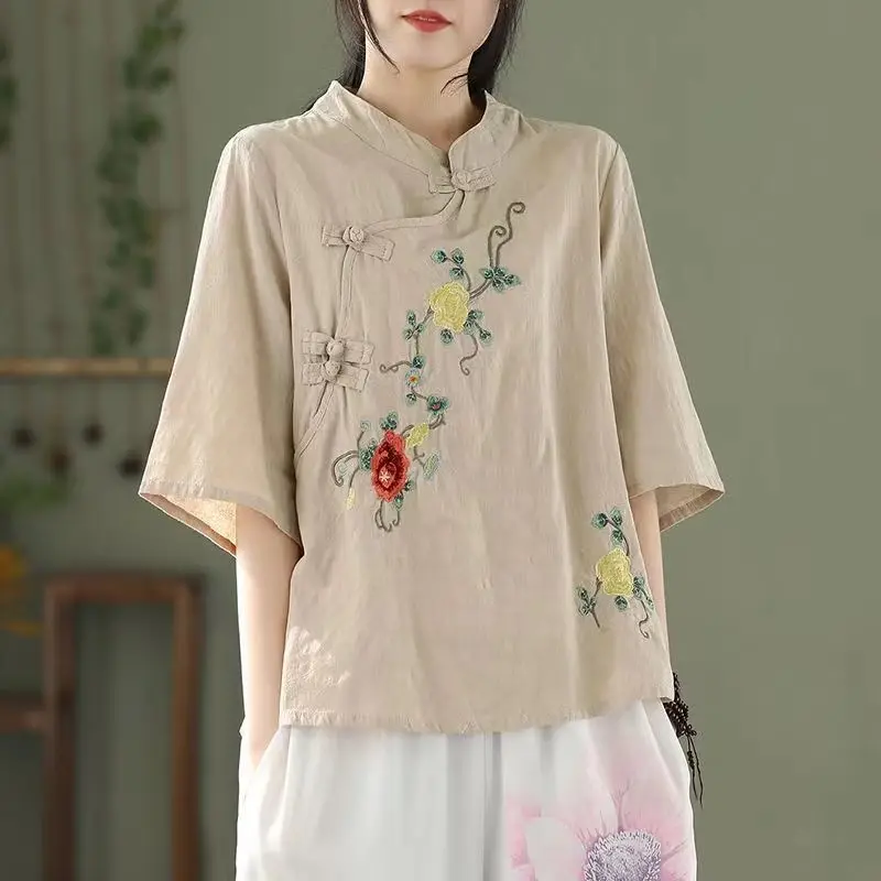 Women's Summer Ethnic Style Pullover Standing Neck Oblique Retro Pan Button Solid Color Medium Sleeve Cotton Linen Short Tops embroidered coat for women new and retro embroidered waistband medium length improved hanfu slim fit top