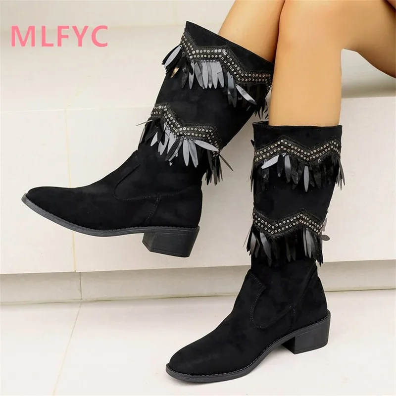 Women's Foreign Trade Winter New European American Beaded Tassels Western Boots Pointed Thick Heel Long Sleeve Women's Boots