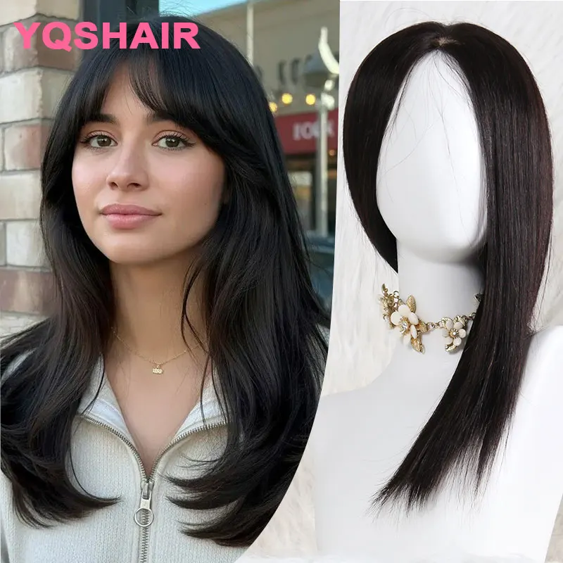 16인치 스트레이트 가발, 접착제 없는 인모 가발, 앞머리 있는 인모 풀 레이스 가발, 5x5 실크 베이스 풀 레이스 가발 (여성용)