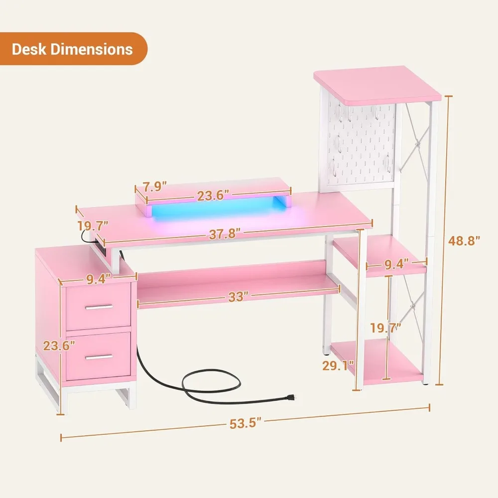 Computer Desk with 2 Fabric Drawers - Reversible Home Office Desk with Power Outlet & LED Lights, 53" Writing Desk 3