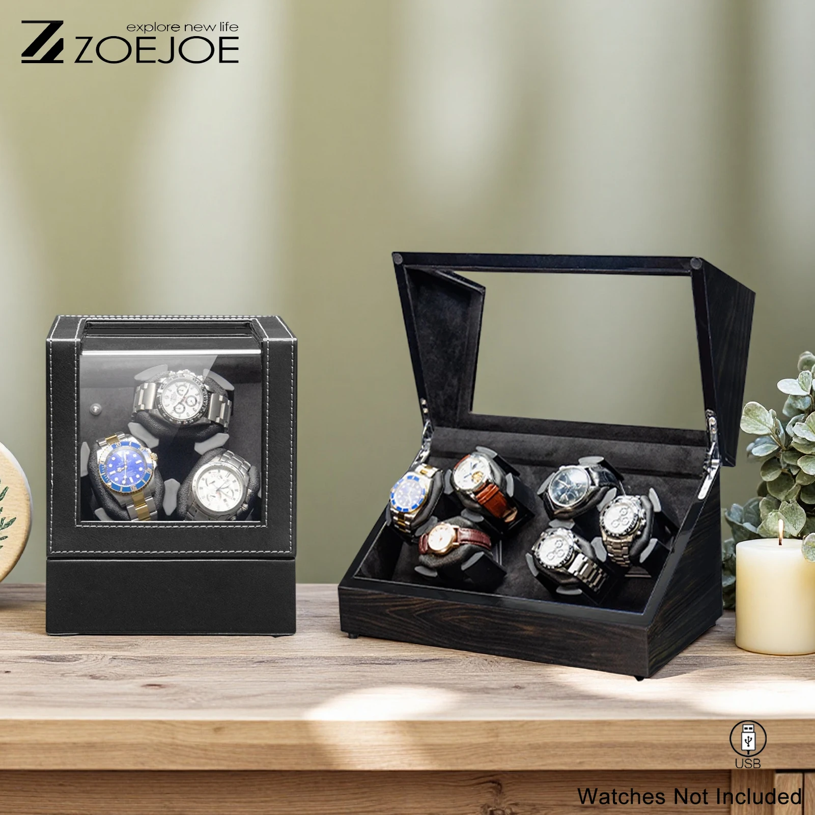 ZOEJOE 자동 3/6 슬롯 시계 와인더 투명 커버 USB 케이블 소프트 시계 베개 시계 보관함 아버지의 날 선물