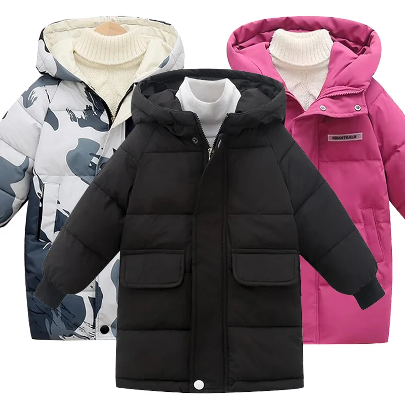 Fshion Smiley Children's coat boys cotton coat winter Hooded thickened long to keep warm big Boys padded jacket 4-14yrs