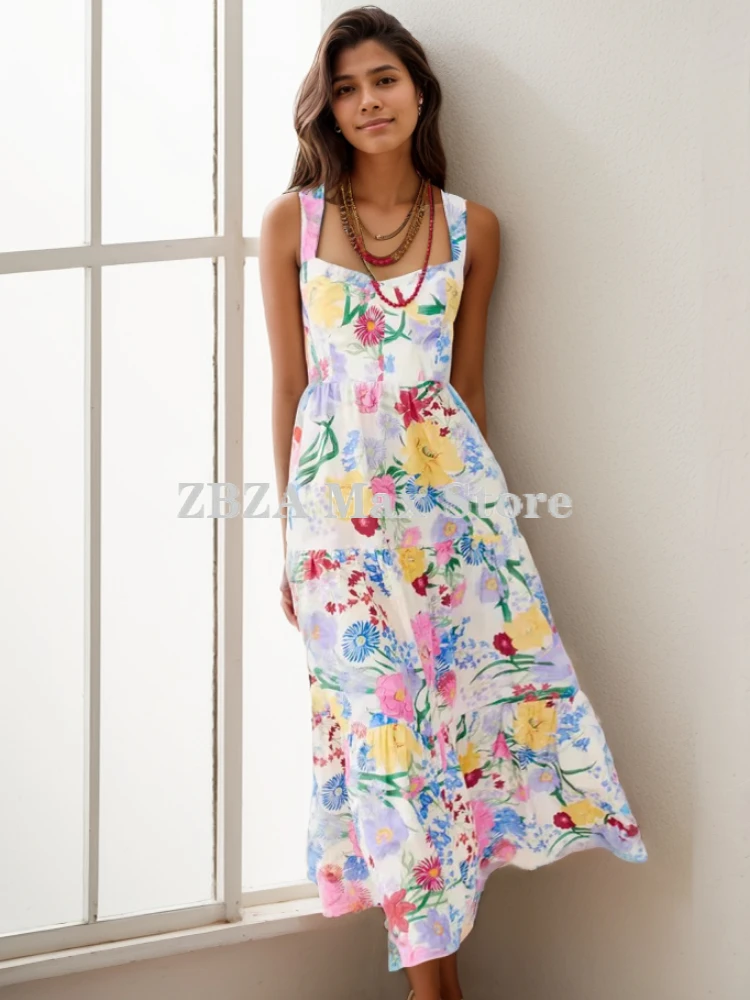 ZBZA 여성 화려한 프린트 드레스 미니멀리스트 스퀘어 네크 라인 미드 라이즈 슬리브리스 히든 지퍼 허리 스트랩 캐미솔 A 라인 롱 스커트 여름 새로운 여성 시크 드레스