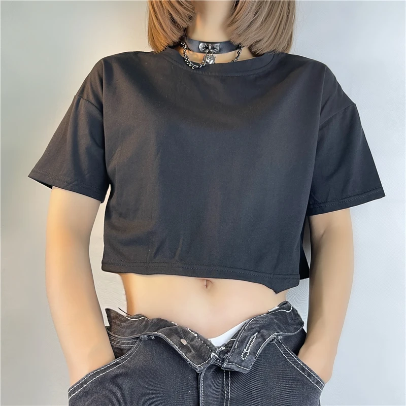 Butterfly Wings Black Crop Tshirts for Women E-girl Dark Academia Grunge Clothes Pullovers Tees