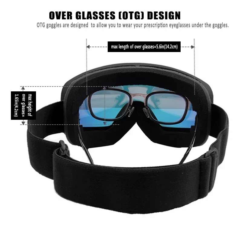 PHMAX Black Ski Goggles OTG Anti fog Snow Goggles TPU Frame UV Protection Snowboard for Men Women Adult Youth Cool Gift
