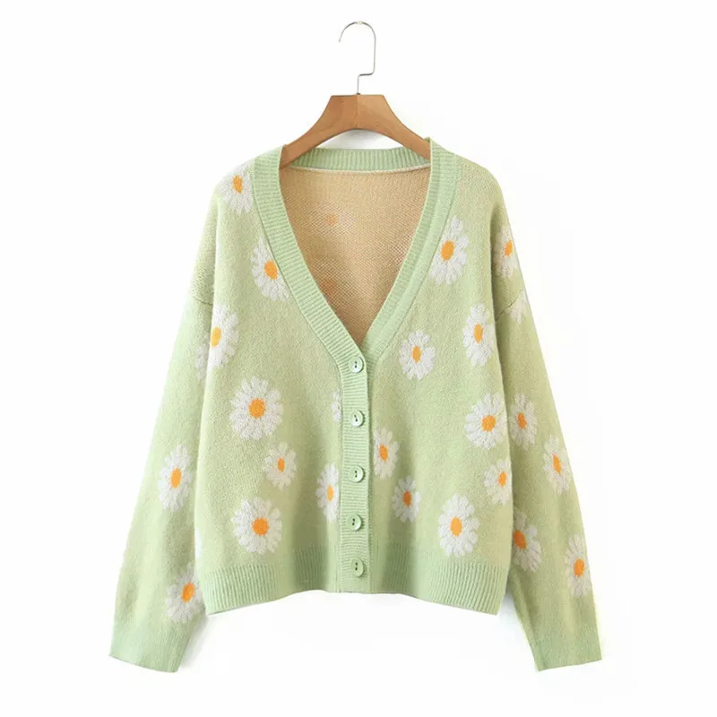

Women Fashion Print Soft Sweater Ladies Full Sleeve Floral Single Little Daisy V-Neck Pull Oversize Cardigan Femme Streetwear