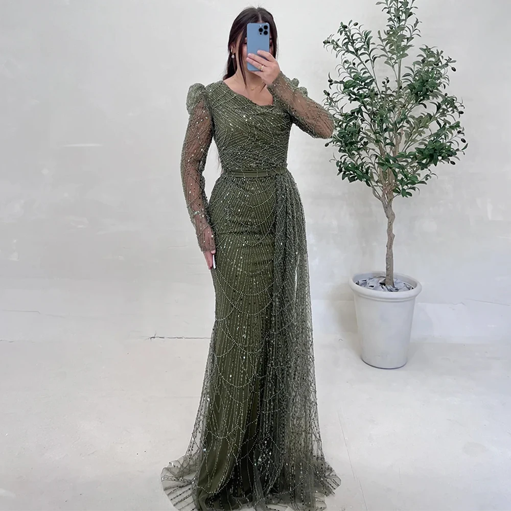Sequined Mermaid Evening Dress Customized V Neck Full Sleeves Beading Pearls Sweep Train Prom Party Gown Robe De Soiree 4