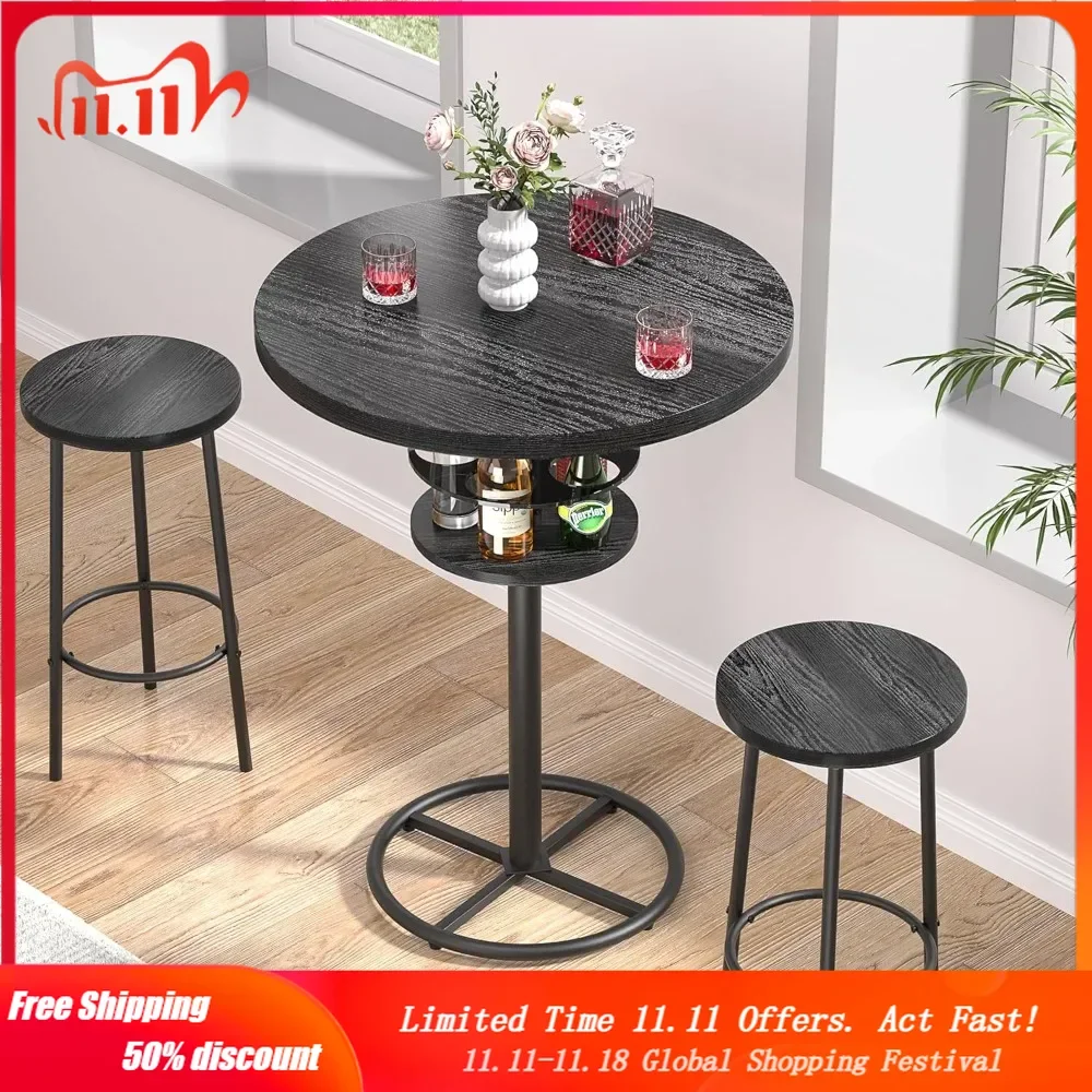 3 Piece Bar Table and Chairs Counter Height Bistro Pub Sets with 2 Barstools for Breakfast Nook, Small Space, Apartment