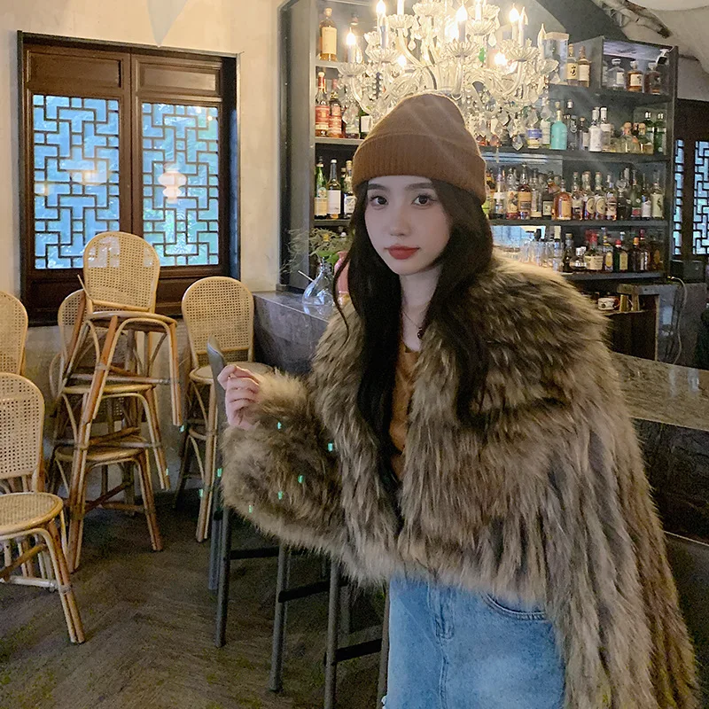 Natural Raccoon Fur Spokes Real Fur Coat Winter Women's Short Large Lapel European and American Style Short 2022 Street Hipster