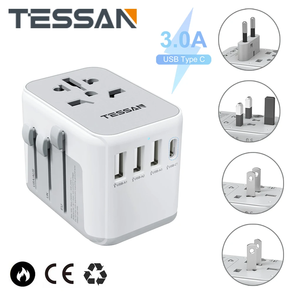 Tessan Universal Viagem Adaptador Tudo-em-um Carregador de Viagem com Portas Usb e tipo c Carregador de Parede para Eua ue Reino Unido Aus
