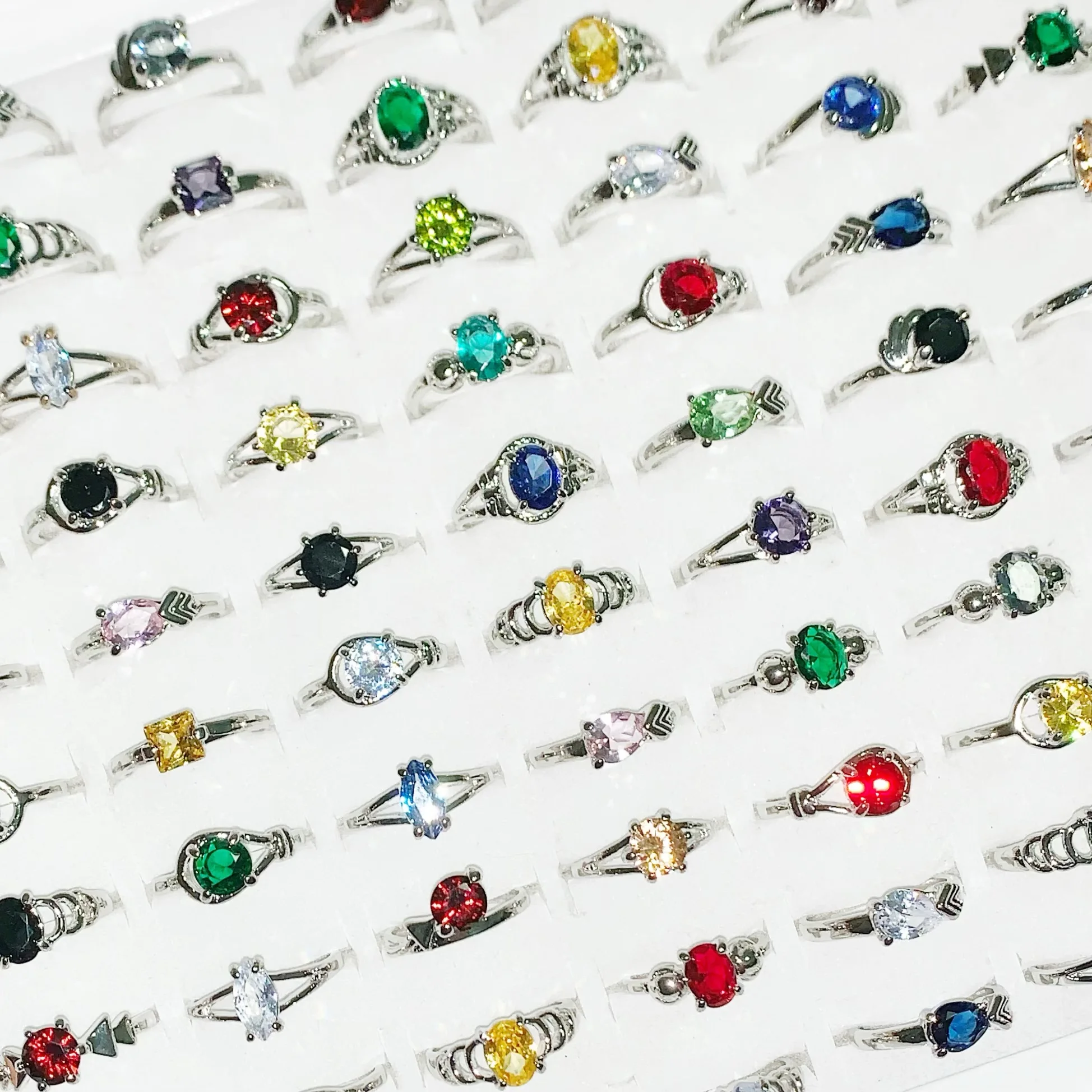 Wholesale 20/30/50pcs Colorful Crystal Zircon Women Wedding Finger Rings Copper Plated Silver Engagement Size 6-9 Trendy Jewelry