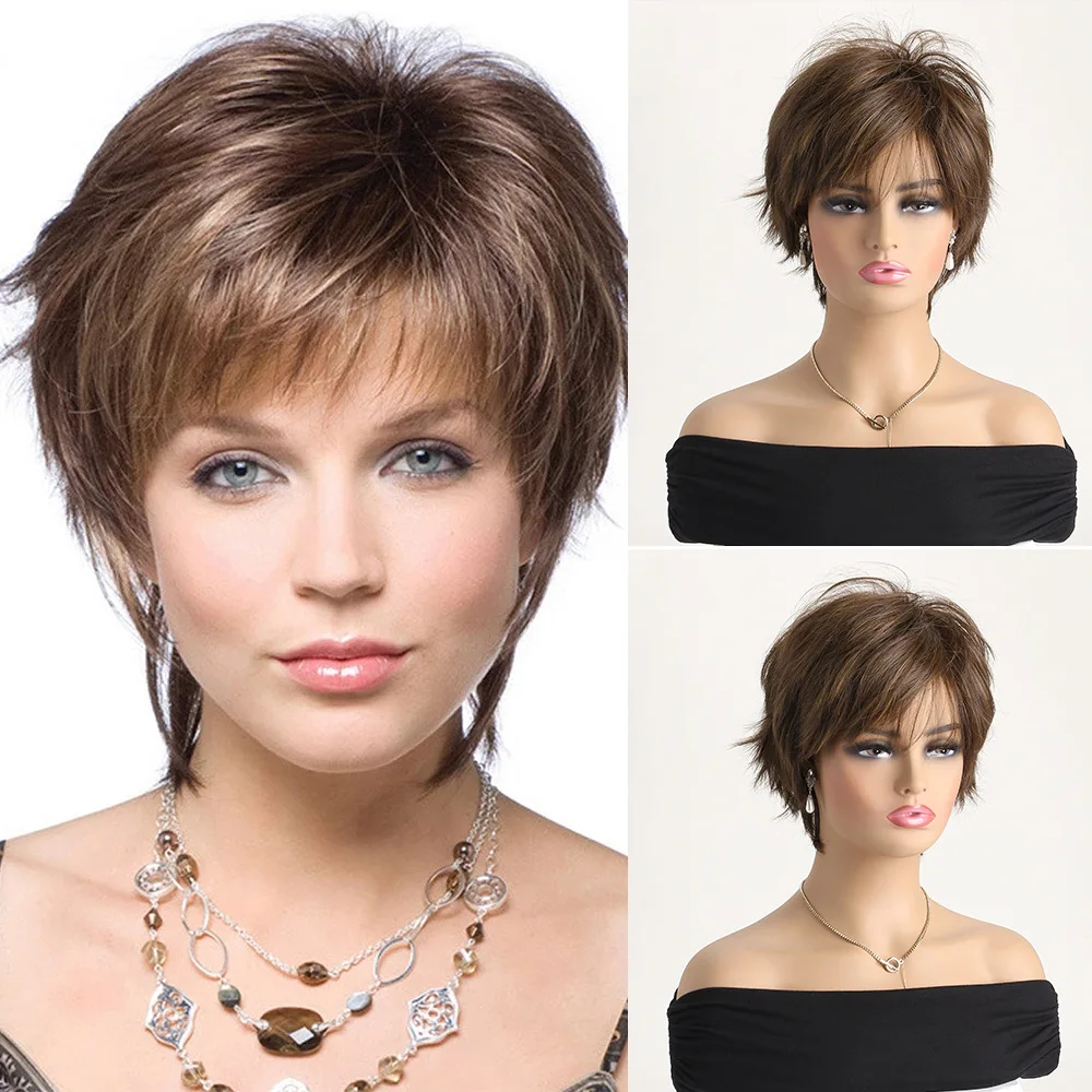 Short Pixie Cut Fashion Women Micro Curly Hair Brown Mix Blonde With Bangs Rose Breathable Mesh Daily Party Heat Resistant Fiber synthetic short curly wigs for women dark brown wig with bangs breathable rose mesh daily party cosplay use heat resistant fiber