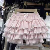 Pink Kawaii Women Dance Skirts Japanese Sweet Lolita Lace Splicing Female Puffy Skirts Y2K High Waist Ruffle Ladies Mini Skirts 1
