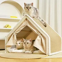 Half-Enclosed Wooden Cat Tent Villa Pet Bed All-Season Dual-Use Durable Sisal Scratching Board Cozy House Furniture for Cats