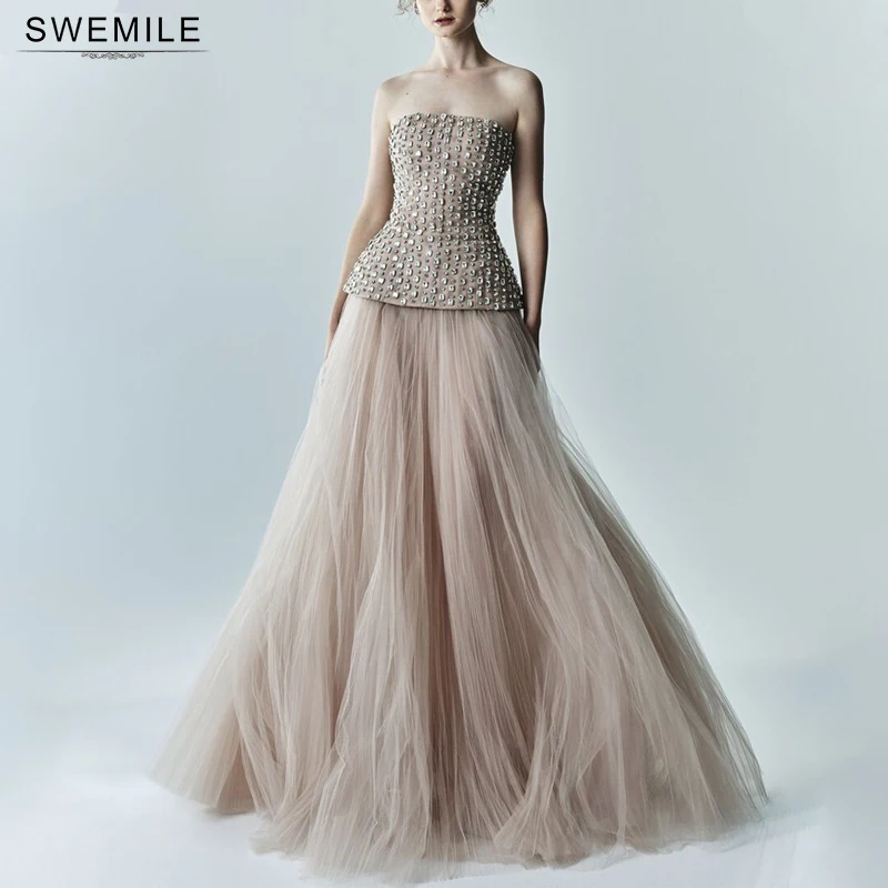 SWEMILE Luxury Diamond Beading Strapless Evening Dresses Women Elegant Champagne Tulle A-Line Prom Gowns فساتين سهرة 1