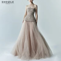 SWEMILE Luxury Diamond Beading Strapless Evening Dresses Women Elegant Champagne Tulle A-Line Prom Gowns فساتين سهرة 1
