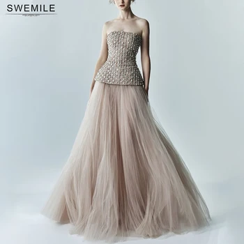 SWEMILE Luxury Diamond Beading Strapless Evening Dresses Women Elegant Champagne Tulle A-Line Prom Gowns فساتين سهرة 1