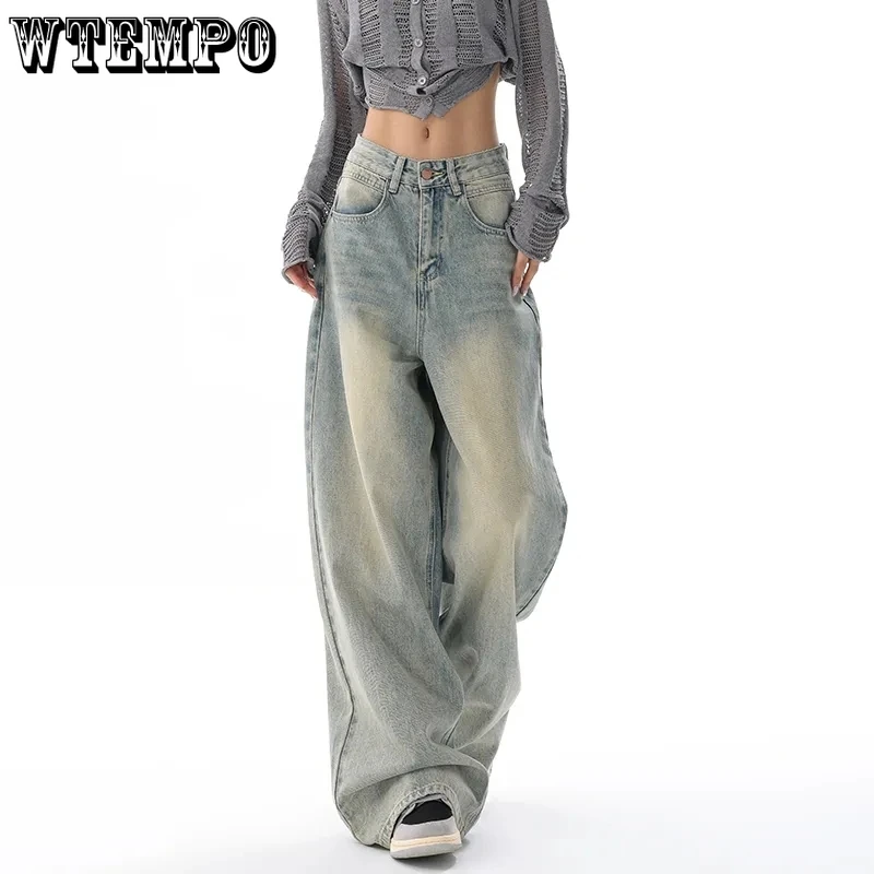 

Всесезонные новые модные американские ретро джинсы WTEMPO с высокой талией, женские повседневные свободные длинные широкие джинсовые брюки с карманами