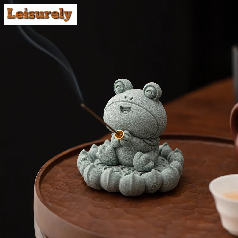 Green Sandstone Lotus Root Big Eyed Frog Tea Pet Incense Holder Zen Garden Incense Burners Meditation Censer Yoga Ornaments Gift