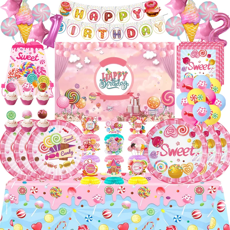 Süße Lollipop Thema Geschirr Sets Einweg Süßigkeiten Teller Tassen Tischdecke Mädchen Geburtstag Party Dekorationen Kinder Baby Dusche