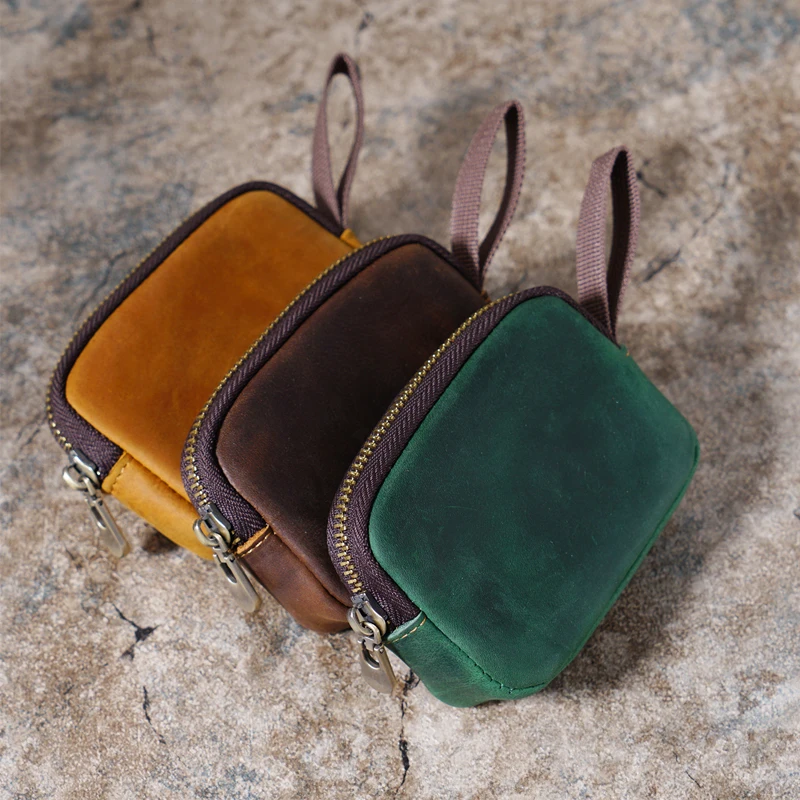 Vintage Solid Color Cowhide Small Purse Mini Coin Purse Bluetooth Headset Key Bag Zipper Card Coin Storage Bag