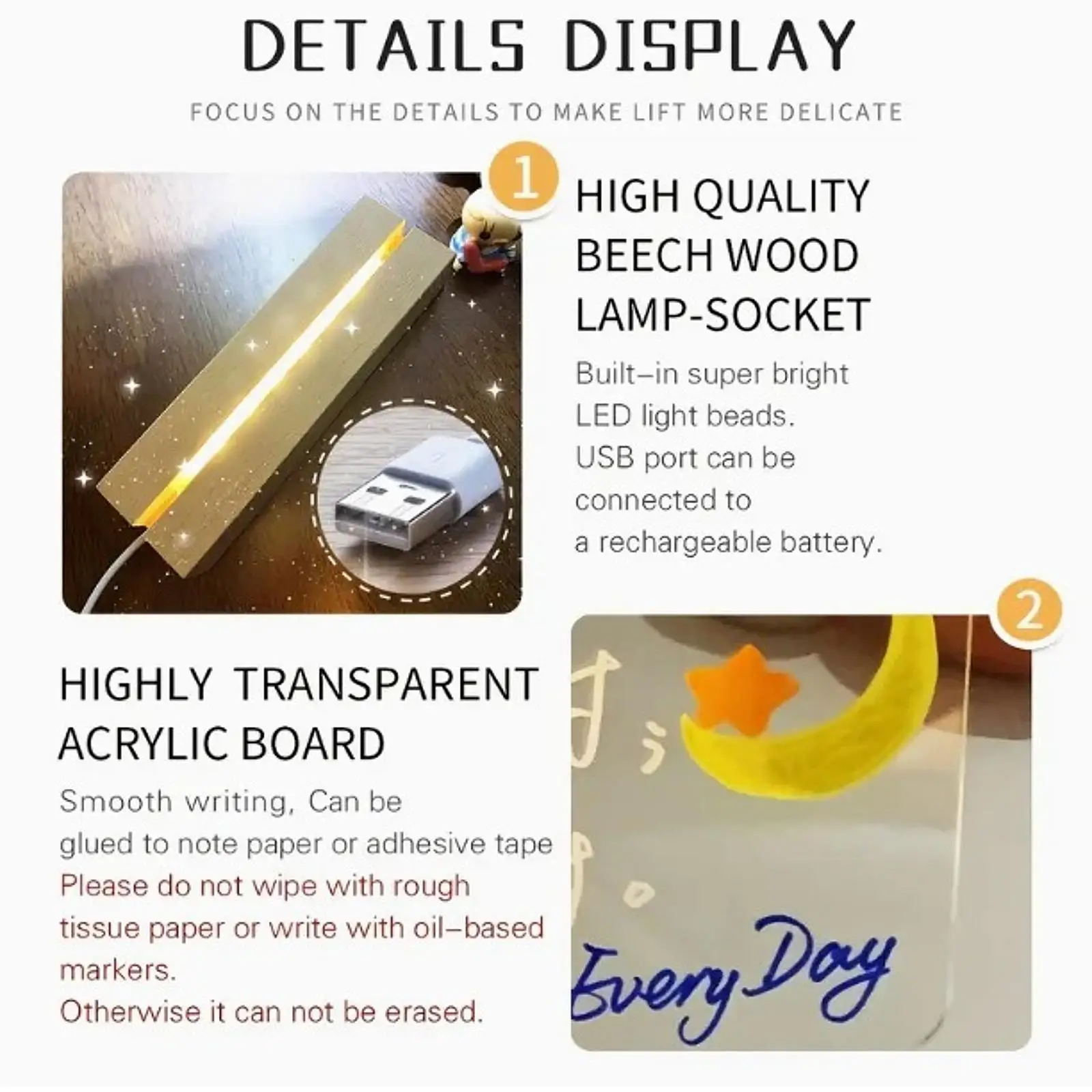 Acrylic Drying Erase Board Bright LED Light Display Planner Board Handwriting Desktop DIY Lamp for TV Cabinet Office Dining Room