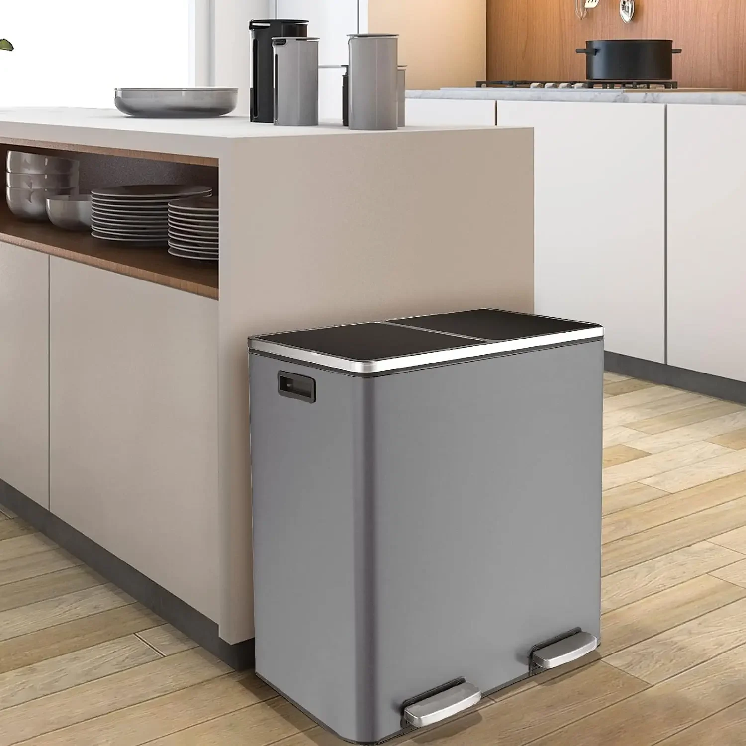 60L(16 Gal ) Dual Trash Can, Stainless Steel Kitchen Garbage Can, Double Compartment Classified Rubbish Bin, Recycle Dustbin 6