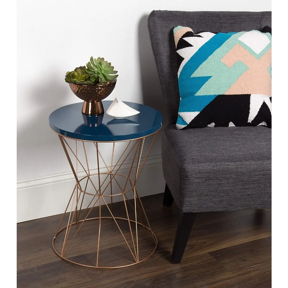 

Coffee table Round metal coffee table with blue top and rose gold base