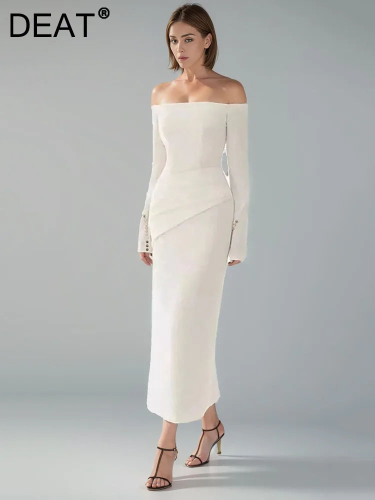 

DEAT Fashion Women's Dress Slash Neck Flare Sleeves Folds Button Decorate Slim Ankle-length Dresses Summer 2024 New Tide 13DL10