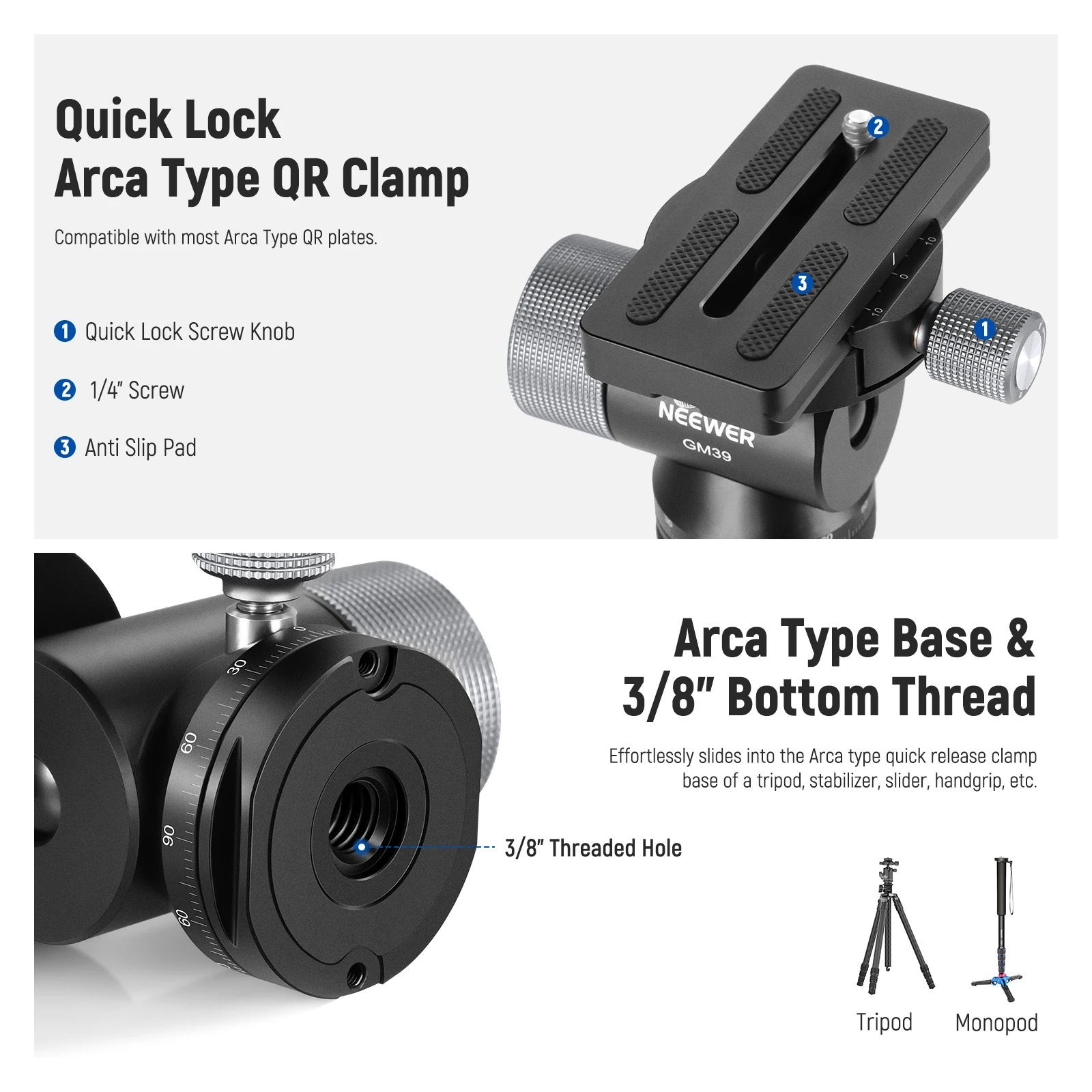 NEEWER Gimbal Head for Monopod Tripod Long Telephoto Lenses, Metal Low Profile Ball Head 360° Pan 90° Tilt