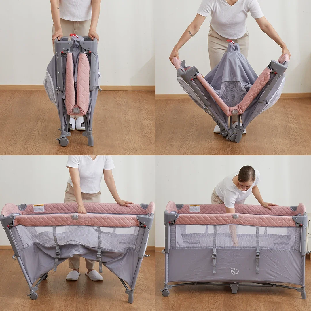 Cheap Hot selling adjustable baby travel folding bed bedside bed crib side with wheels and diaper table for 0-3years
