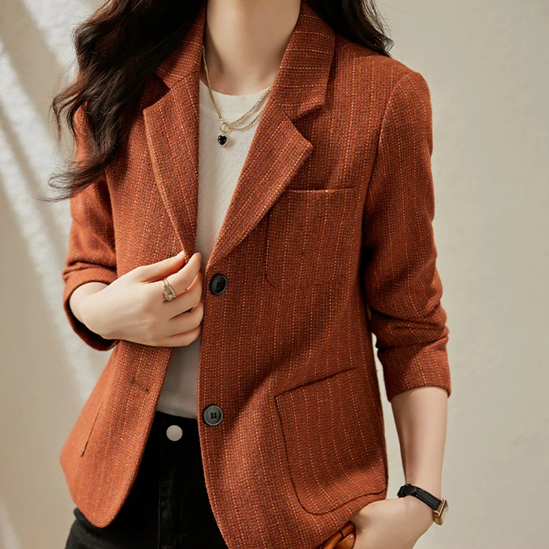 QoerliN 2023New Stripe Blazer Coat Women's Autumn Winter Fashion  Versatile Premium Woven Suit Long Sleeve Pocket Elegant OL Top