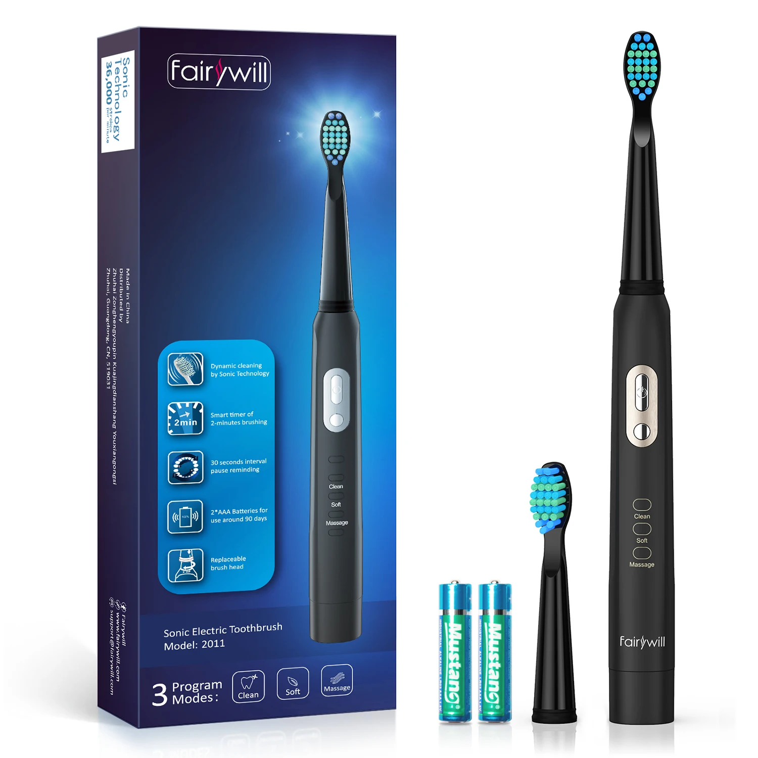 thumbnail image 1 of Cepillo de dientes eléctrico Fairywill FW2011 - Potente vibración sónica recargable 1 cabezal de repuesto para blanqueamiento dental para adultos, 1 of 5