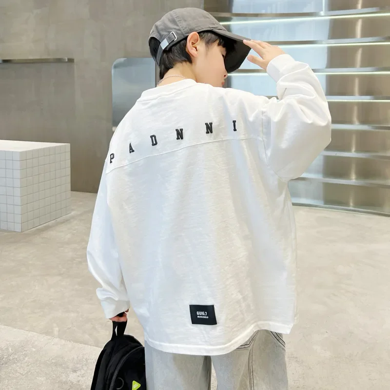 Boys' Casual Fashionable Long Sleeve Loose T-Shirt Overhead Trendy Solid Color Middle And Large Children's Clothing