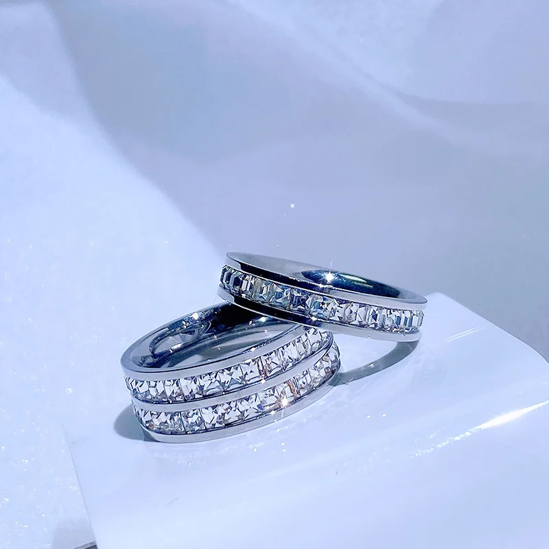 Zircon Rings Rose Gold Double Row Square Stainless Steel for Women Romantic Engagement Wedding Party Jewelry