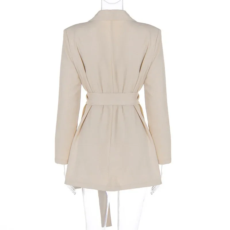 Women's Solid Long Suit Jacket Autumn Winter Deep V Turn Down Collar Long Sleeve Belt Casual All Match Blazer Fashion Streetwear