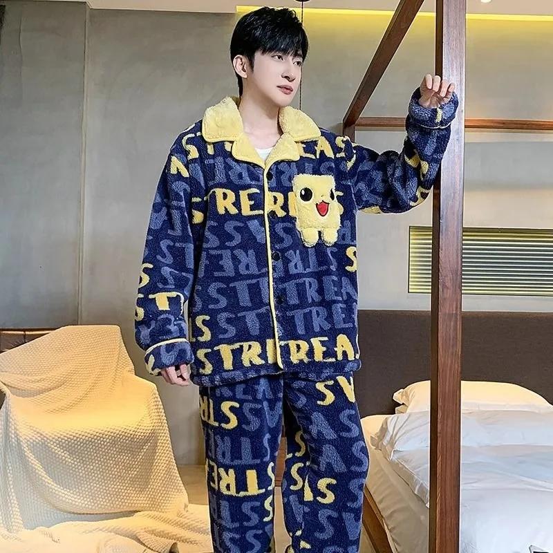 2024 New Men Pajamas Winter Coral Fleece Thickened Fleece Large Size Nightclothes Suit Flannel Teenagers Casual Warm Loungewear