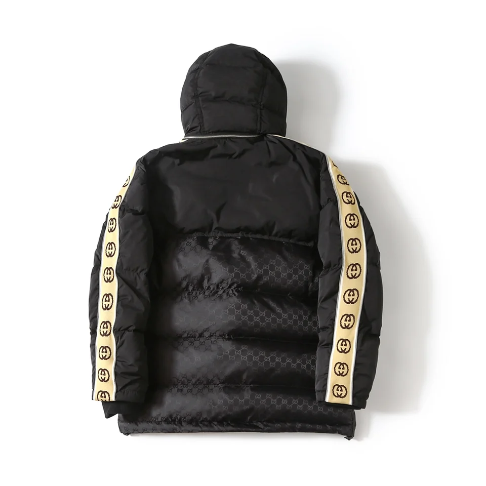 Gucci down jacket with full print, reflective tape, Jacquard
