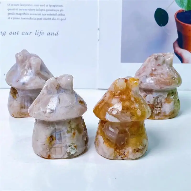

5.8CM Natural Flower Agate Mushroom House Carved Healing Crystal Reiki Gem Figurine Spiritual Wicca Energy Gemstone Gift 1PCS