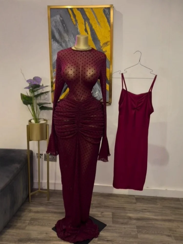 Wmstar Dresses for Women Wholesale Flared Long Sleeved  See Through Velvet Pleated Long Dress with Halter Top Dropshopping