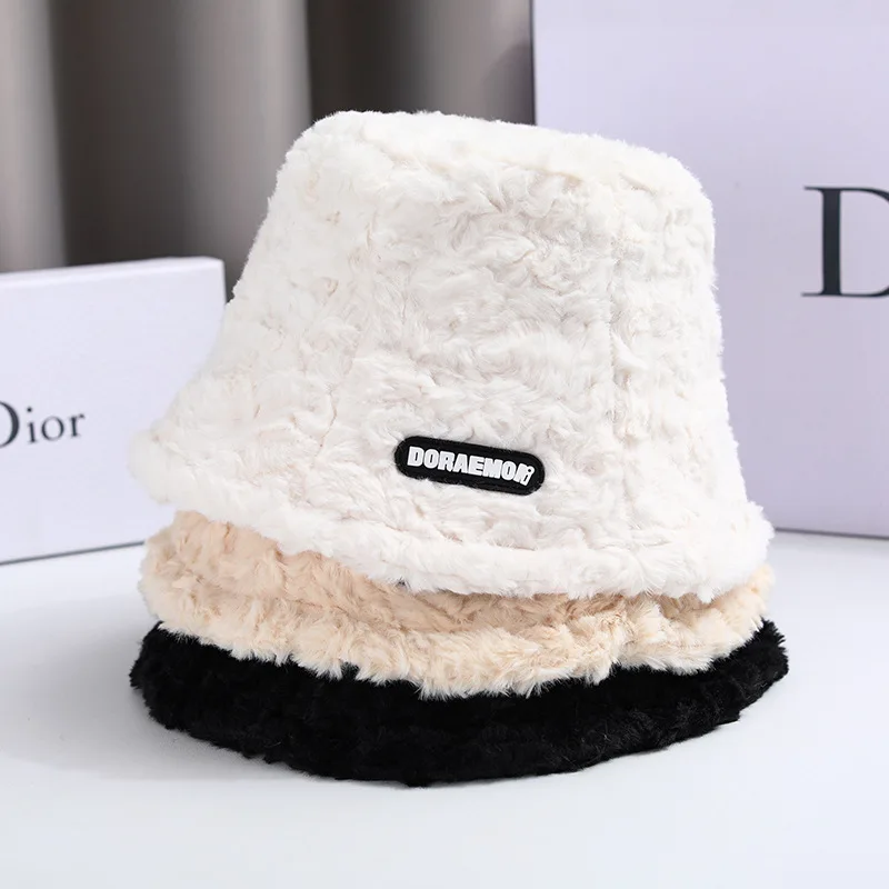

New Fashion Plush Solid Bucket Hat Women Autumn Winter Warm Thickened Fisherman Hat Panama Plush Basin Hat Lady Cap