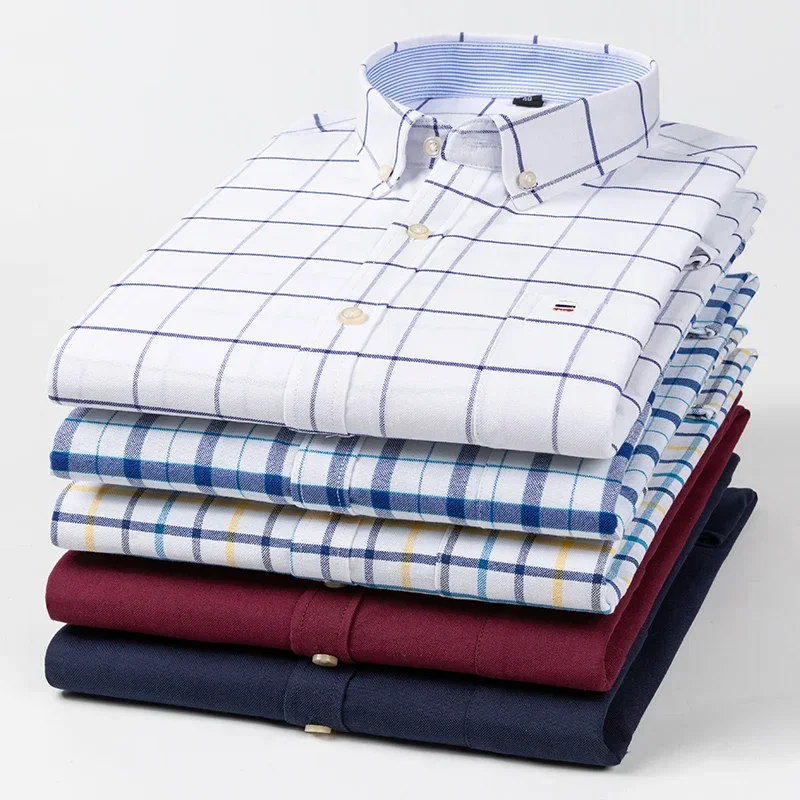 Men Oxford Cotton Long Sleeve Casual Slim Solid Color Plaid Print Stripe Formal Dress Shirt Plus Size