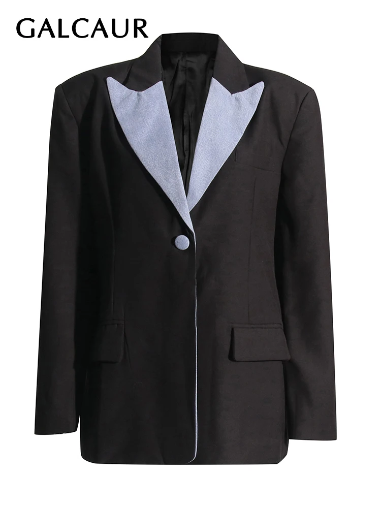 

GALCAUR Colorblock Temperament Blazers For Women Notched Collar Long Sleeve Single Button Patchwork Denim Fashion Blazer Female