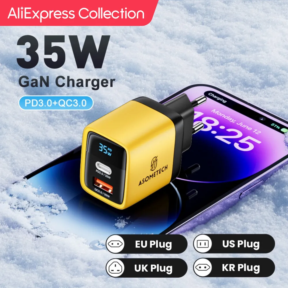 Aliexpress Collection Asometech 35W Gan Charger Display A Led Qc3.0 30W 25W Pd Pps Caricabatterie Usb Di Tipo C A Ricarica Rapida Per Iphone 14